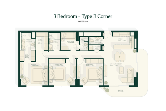 Gardenia Bay – 3 Bedroom + Maid floor plan view 2