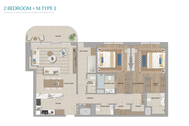 The Beach House Fahid – 2 Bedroom + Maid floor plan view 1