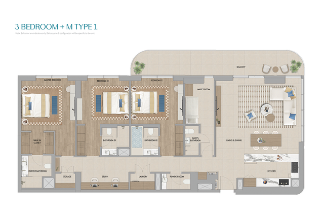 The Beach House Fahid – 3 Bedroom + Maid floor plan view 1